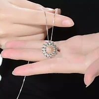 Lab Created Rozzato Sterling Silver Two Tone with Clear Cubic Zirconia Flower Shaped Pendant Necklace
