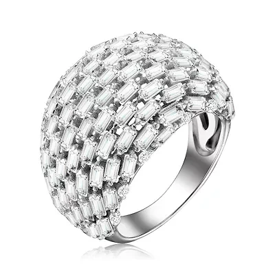 Lab Created Rozzato Sterling Silver White Gold Plated with Clear Cubic Zirconia Cluster Dome Ring