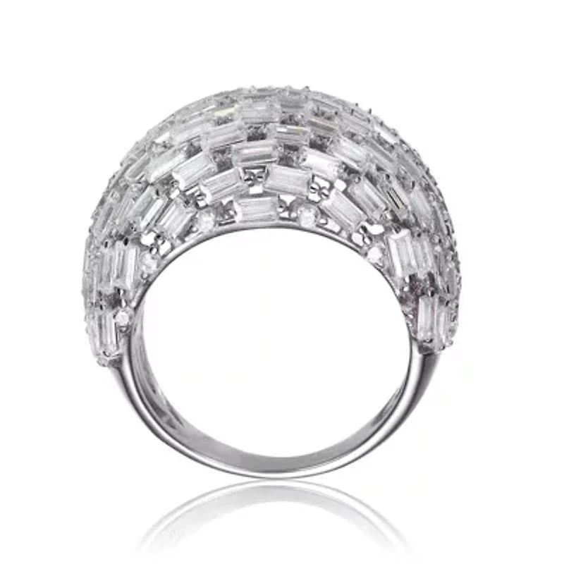 Lab Created Rozzato Sterling Silver White Gold Plated with Clear Cubic Zirconia Cluster Dome Ring