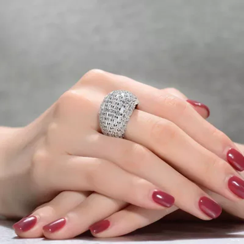 Lab Created Rozzato Sterling Silver White Gold Plated with Clear Cubic Zirconia Cluster Dome Ring