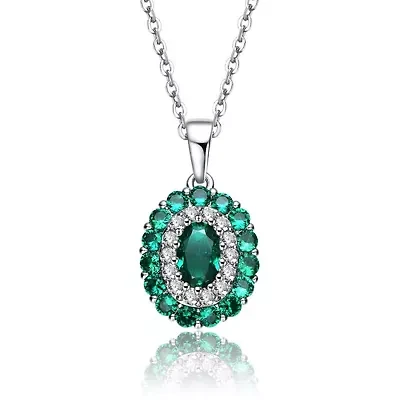Lab Created Rozzato Sterling Silver White Gold Plated with Colored Cubic Zirconia Oval Pendant Necklace