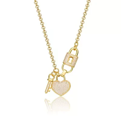 Lab Created Rozzato Sterling Silver with Clear Cubic Zirconia Heart & Padlock Charm Necklace