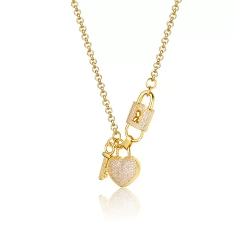 Lab Created Rozzato Sterling Silver with Clear Cubic Zirconia Heart & Padlock Charm Necklace