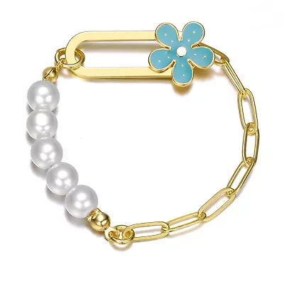 14K Gold Plated with Colored Enamel & Pearls Flower Bracelet for Kids