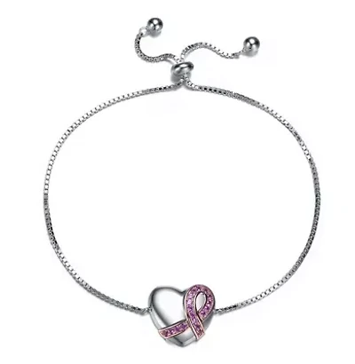 Lab Created Teens/Young Adults White Gold Plated with infinity Ribbon on Heart Adjustable Bracelet