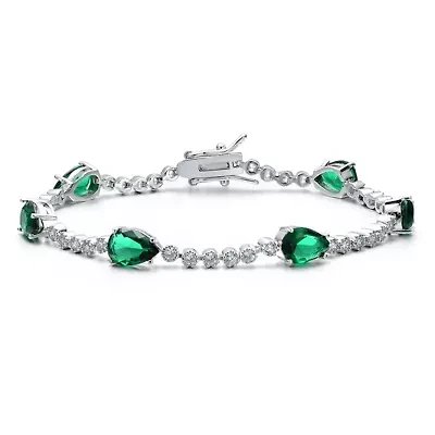Lab Created White Gold Plated with Emerald Green Pear Shaped Cubic Zirconia Tennis Bracelet