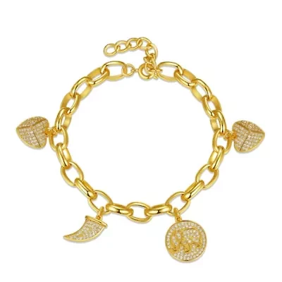 Lab Created Kids/Young Teens 14k Yellow Gold Plated with Cubic Zirconia Tusk, Elephant & Heart Dangle Charm Adjustable Bracelet