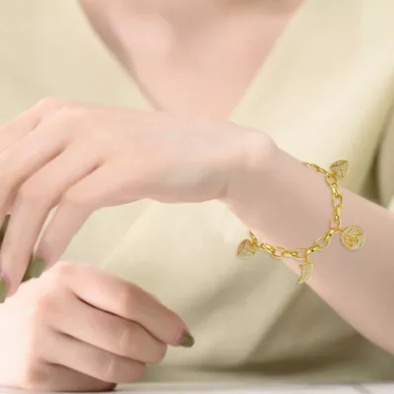 Lab Created Kids/Young Teens 14k Yellow Gold Plated with Cubic Zirconia Tusk, Elephant & Heart Dangle Charm Adjustable Bracelet