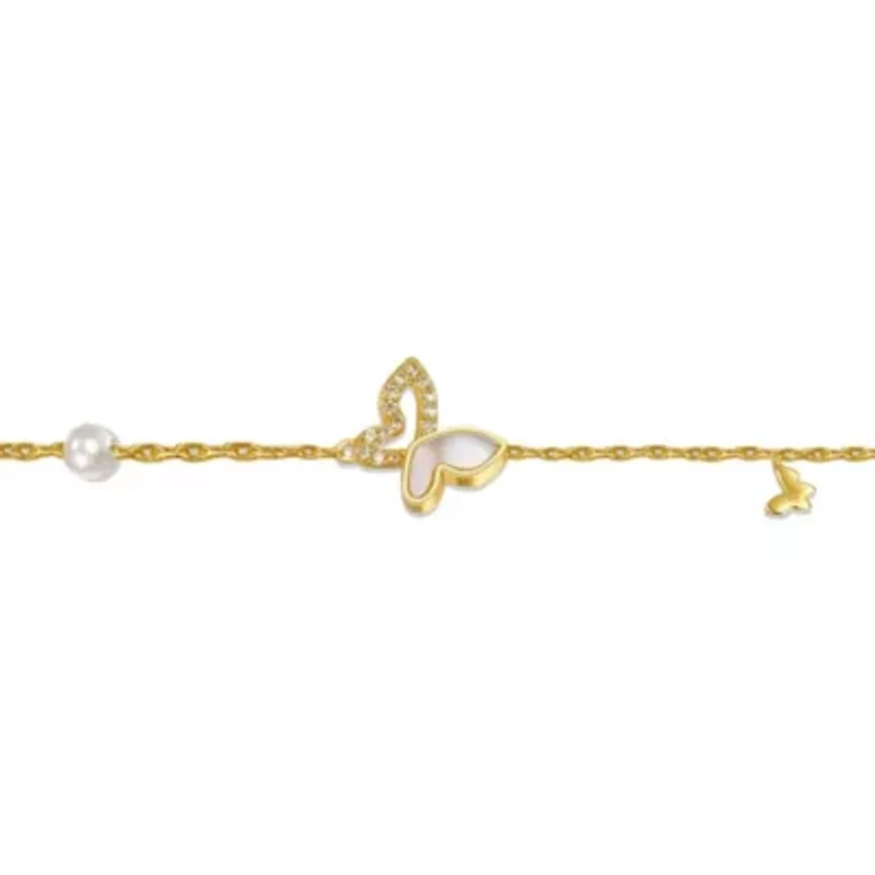 Lab Created 14k Yellow Gold Plated with Mother of Pearl and Cubic Zirconia Butterfly Charm Rope Bracelet with Adjustable Extension Chain