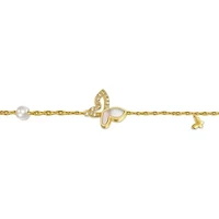 Lab Created 14k Yellow Gold Plated with Mother of Pearl and Cubic Zirconia Butterfly Charm Rope Bracelet with Adjustable Extension Chain