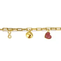 Lab Created 14k Yellow Gold Plated with Red & Cubic Zirconia Heart, Cowbell, and Infinity Dangle Charm Bracelet