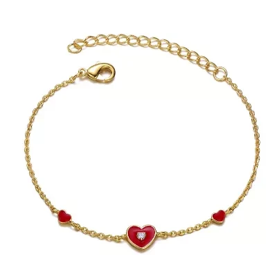 Lab Created 14k Yellow Gold Plated Adjustable Bracelet with Heart charms and Red Enamel for Kids