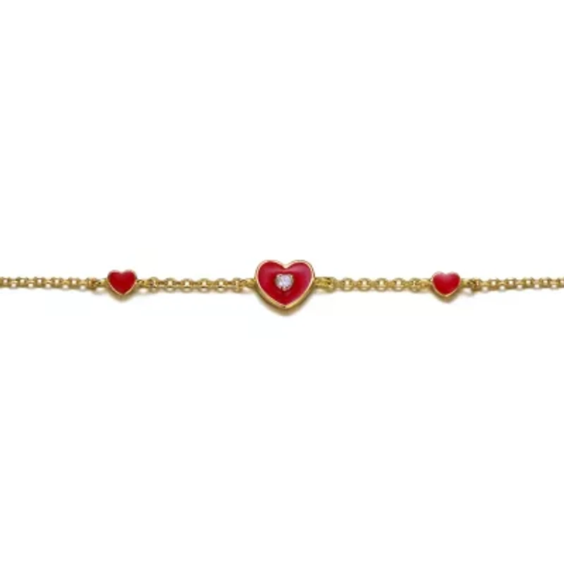 Lab Created 14k Yellow Gold Plated Adjustable Bracelet with Heart charms and Red Enamel for Kids