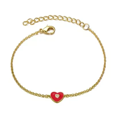 Lab Created 14k Yellow Gold Plated Adjustable Bracelet with Heart Charm and Red Enamel for Kids