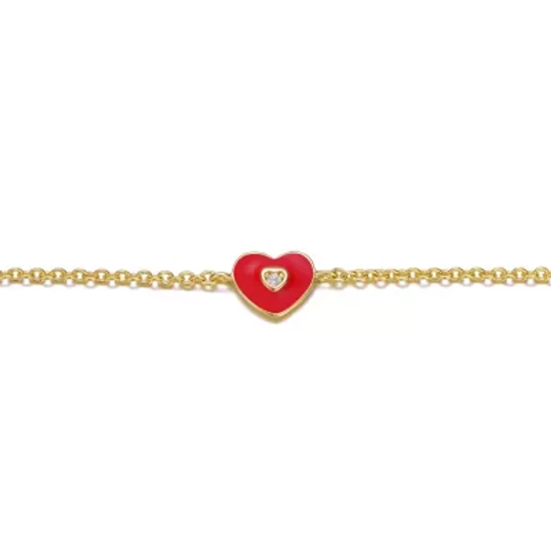Lab Created 14k Yellow Gold Plated Adjustable Bracelet with Heart Charm and Red Enamel for Kids