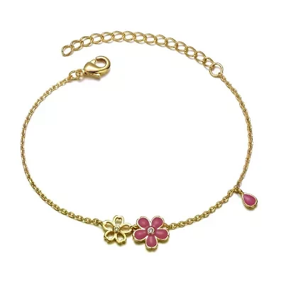 Lab Created Kids 14k Gold Plated Pink Flower Charm Bracelet