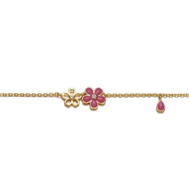 Lab Created Kids 14k Gold Plated Pink Flower Charm Bracelet