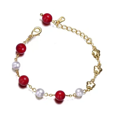 Lab Created 14k Yellow Gold Plated Adjustable Bracelet with Star Charms and Round Pearls for Kids