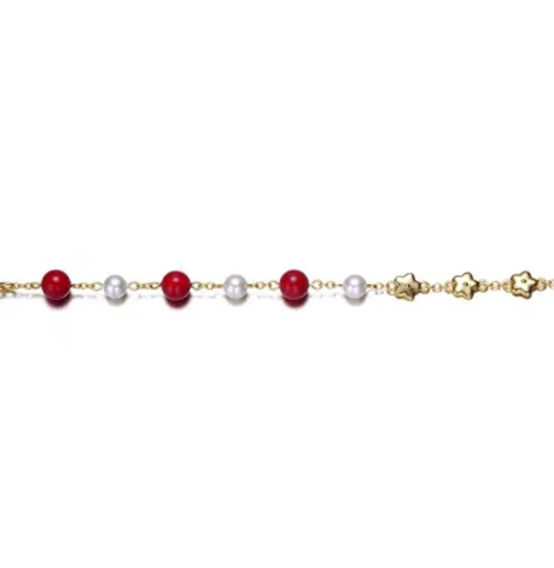 Lab Created 14k Yellow Gold Plated Adjustable Bracelet with Star Charms and Round Pearls for Kids