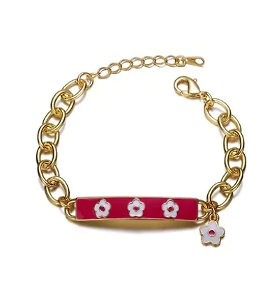 Lab Created 14k Yellow Gold Plated Bar Bracelet with Hot Pink Enamel and a Flower Charm for Kids
