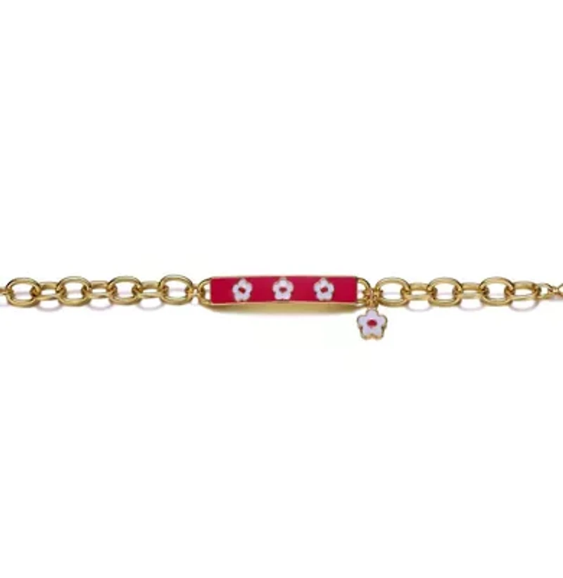 Lab Created 14k Yellow Gold Plated Bar Bracelet with Hot Pink Enamel and a Flower Charm for Kids