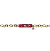 Lab Created 14k Yellow Gold Plated Bar Bracelet with Hot Pink Enamel and a Flower Charm for Kids