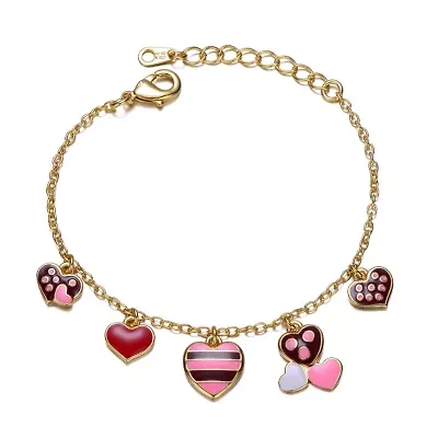 Lab Created 14k Yellow Gold Plated Adjustable Bracelet with Heart Charms and Colored Enamel for Kids