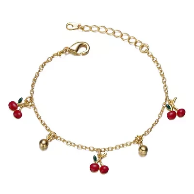 Lab Created 14k Yellow Gold Plated Adjustable Bracelet with Red Enamel Cherry Charms for Kids