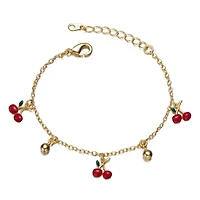 Lab Created 14k Yellow Gold Plated Adjustable Bracelet with Red Enamel Cherry Charms for Kids