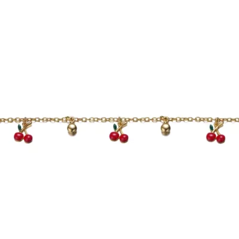 Lab Created 14k Yellow Gold Plated Adjustable Bracelet with Red Enamel Cherry Charms for Kids