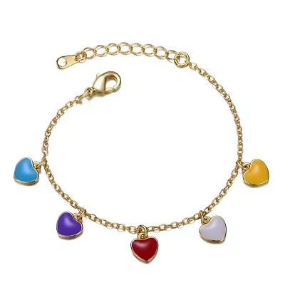 Lab Created 14k Yellow Gold Plated Adjustable Bracelet with Multi-Colored Enameled Heart Charms for Toddler/Kids
