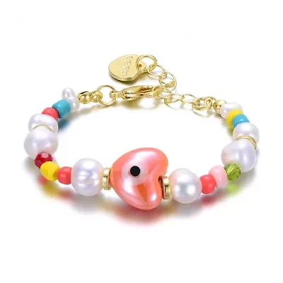 Lab Created 14k Yellow Gold Plated Multi-Color Beads Bracelet with Freshwater Pearls for Kids
