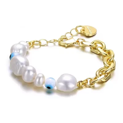 Lab Created 14k Yellow Gold Plated Bracelet with Freshwater Pearls, Eye Pattern Beads, and Cable Chain for Kids