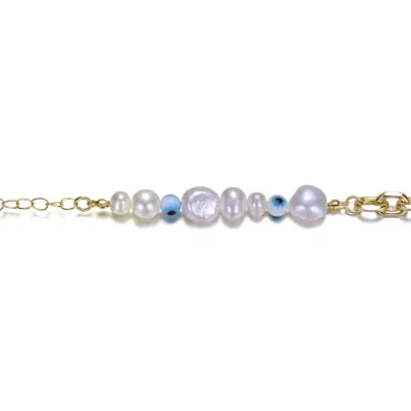 Lab Created 14k Yellow Gold Plated Bracelet with Freshwater Pearls, Eye Pattern Beads, and Cable Chain for Kids