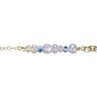 Lab Created 14k Yellow Gold Plated Bracelet with Freshwater Pearls, Eye Pattern Beads, and Cable Chain for Kids