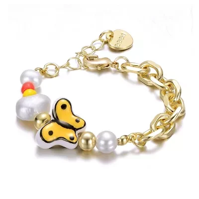Lab Created 14k Yellow Gold Plated Multi Color Beads bracelet with Freshwater Pearls and a Butterfly Charm for Kids