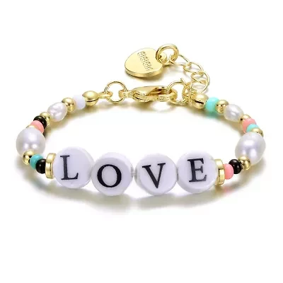 Lab Created 14k Yellow Gold Plated Multi Color Beads Bracelet with Freshwater Pearsl and Love Tag in Circular Charms for Kids