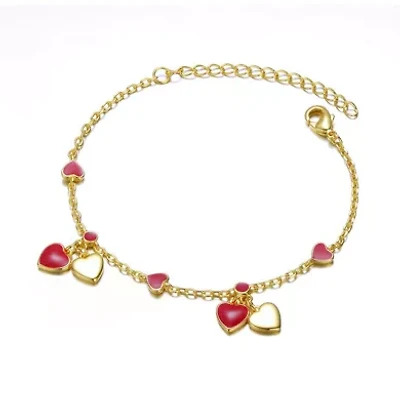 Lab Created 14k Gold Plated Red Enamel Dangle Heart Charm Bracelet for Toddler/Kids