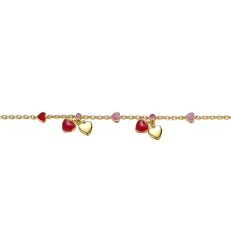 Lab Created 14k Gold Plated Red Enamel Dangle Heart Charm Bracelet for Toddler/Kids