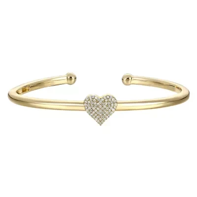 Lab Created Teens 14k Gold Plated With Clear Cubic Zirconia Heart Pave Open Cuff Bangle Bracelet