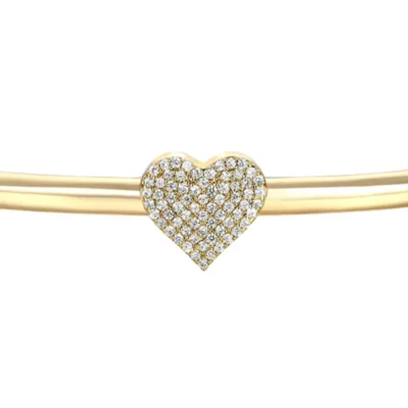 Lab Created Teens 14k Gold Plated With Clear Cubic Zirconia Heart Pave Open Cuff Bangle Bracelet