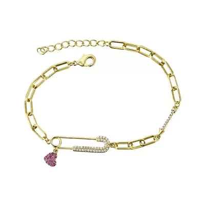 Lab Created Kid's/ Teen 14k Gold Plated with Pink & Cubic Zirconia Safety Pin Dangle Heart Charm Adjustable Bracelet