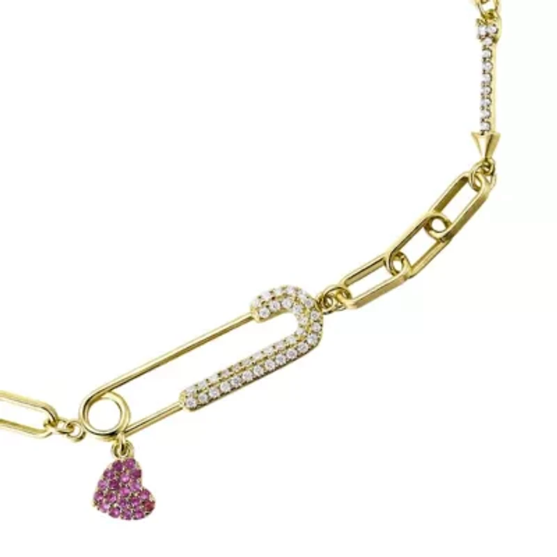 Lab Created Kid's/ Teen 14k Gold Plated with Pink & Cubic Zirconia Safety Pin Dangle Heart Charm Adjustable Bracelet