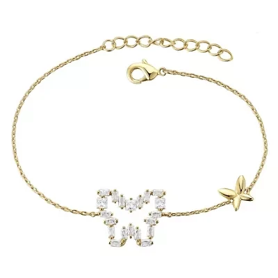 Lab Created Kids/ Teens 14k Gold Plated with Baguette Cubic Zirconia Halo Butterfly Charm Adjustable Bracelet