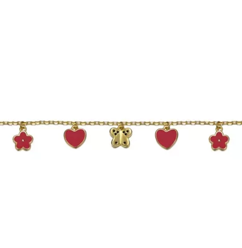 Lab Created Toddler/Kids 14k Gold Plated Red Enamel Dangle Charm Bracelet