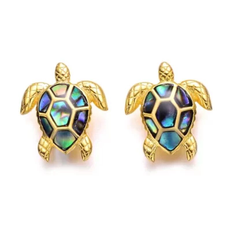 Lab Created Sterling Silver 14k Yellow Gold Plated with Shimmering Abalone Shell Inlay Sea Turtle Stud Earrings