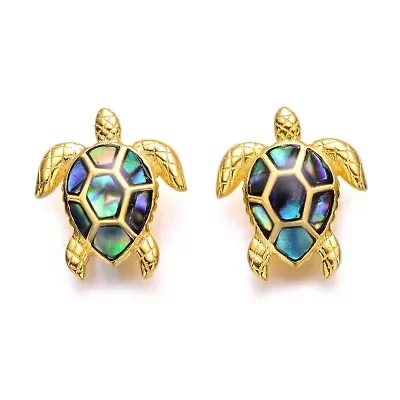 Lab Created Sterling Silver 14k Yellow Gold Plated with Shimmering Abalone Shell Inlay Sea Turtle Stud Earrings