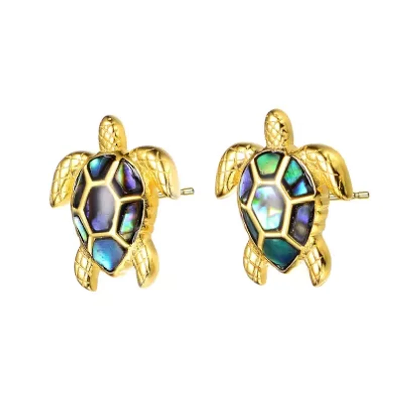 Lab Created Sterling Silver 14k Yellow Gold Plated with Shimmering Abalone Shell Inlay Sea Turtle Stud Earrings