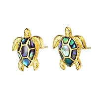 Lab Created Sterling Silver 14k Yellow Gold Plated with Shimmering Abalone Shell Inlay Sea Turtle Stud Earrings