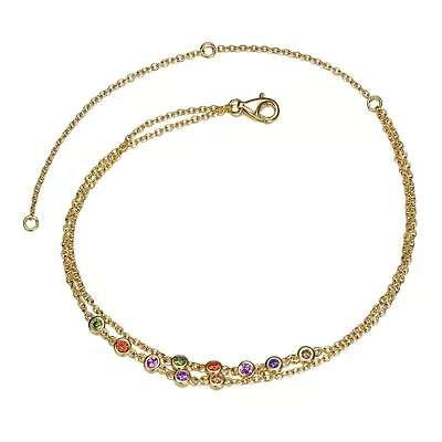 Lab Created 14K Gold Plated with Multi Color Cubic Zirconia Double Layer Rolo Chain Anklet for Teens